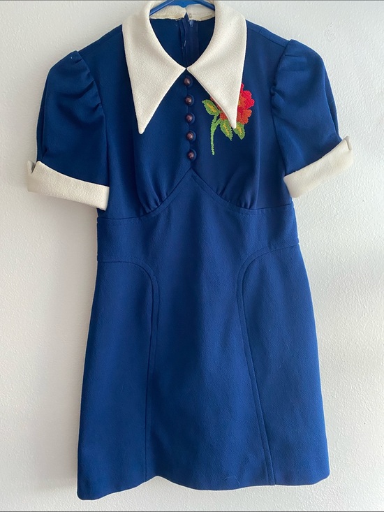 Vintage Dresses & Skirts - Rare Vintage 1970s Union Made Embroidered Navy Blue Collared Cuffed Dress